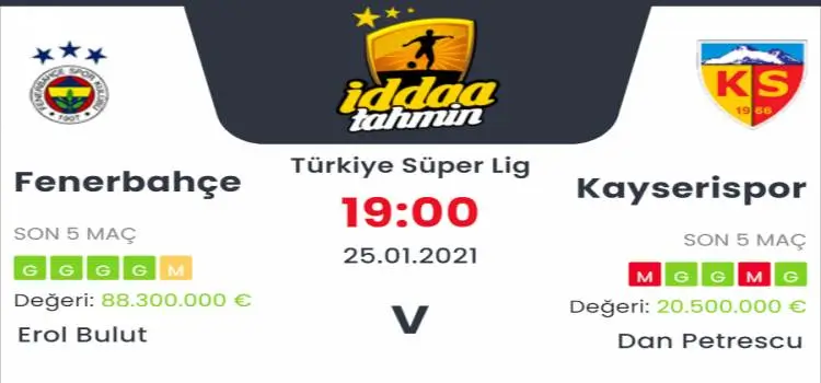 Fenerbahçe Kayserispor Maç Tahmini ve İddaa Tahminleri : 25 Ocak 2021