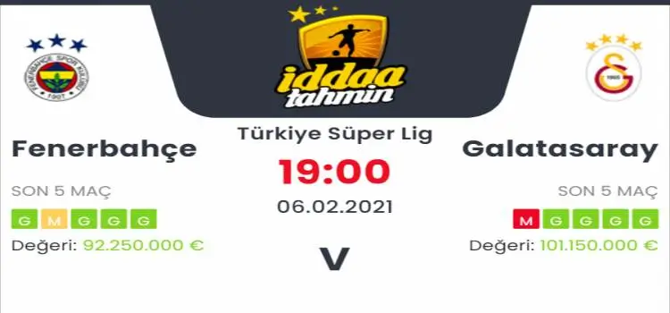 Fenerbahçe Galatasaray Maç Tahmini ve İddaa Tahminleri : 6 Şubat 2021
