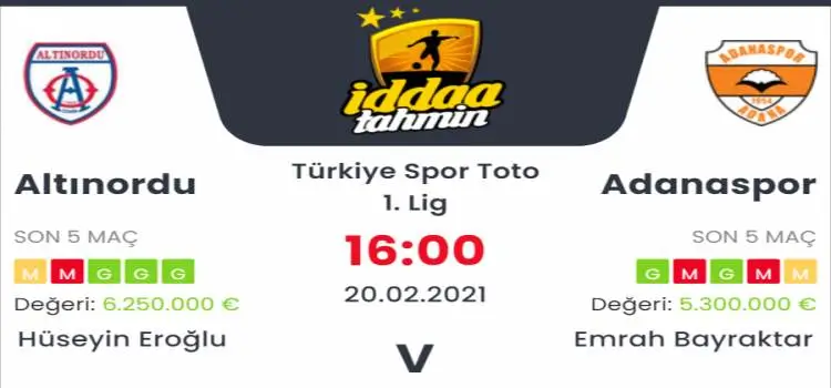 Altınordu Adanaspor Maç Tahmini ve İddaa Tahminleri : 20 Şubat 2021