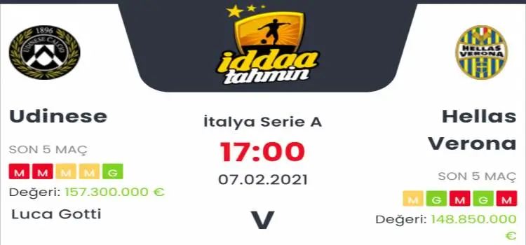 Udinese Hellas Verona Maç Tahmini ve İddaa Tahminleri : 7 Şubat 2021