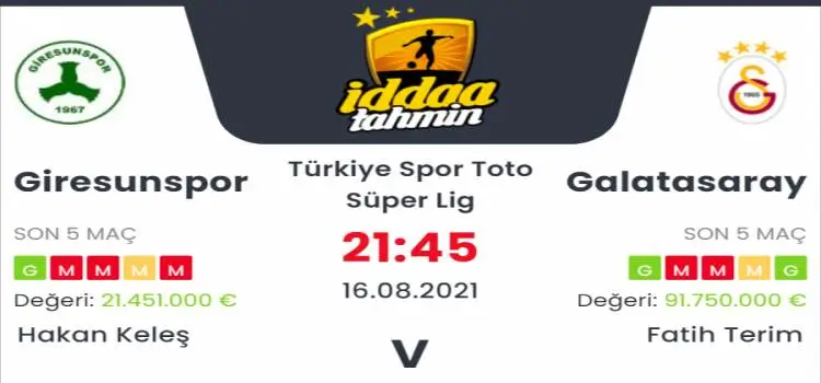 Giresunspor Galatasaray İddaa Maç Tahmini 16 Ağustos 2021