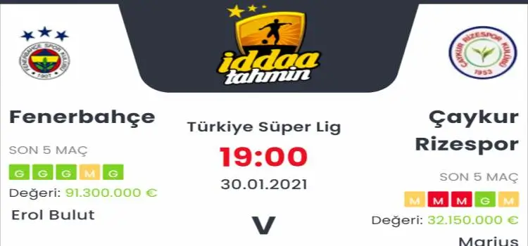 Fenerbahçe Çaykur Rizespor Maç Tahmini ve İddaa Tahminleri :30 Ocak 2021