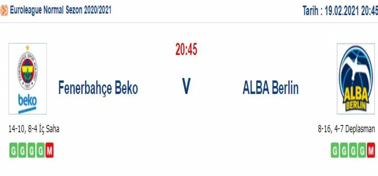 Fenerbahçe Alba Berlin Maç Tahmini ve İddaa Tahminleri : 19 Şubat 2021