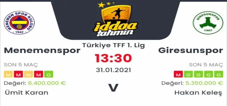 Menemenspor Giresunspor Maç Tahmini ve İddaa Tahminleri : 31 Ocak 2021