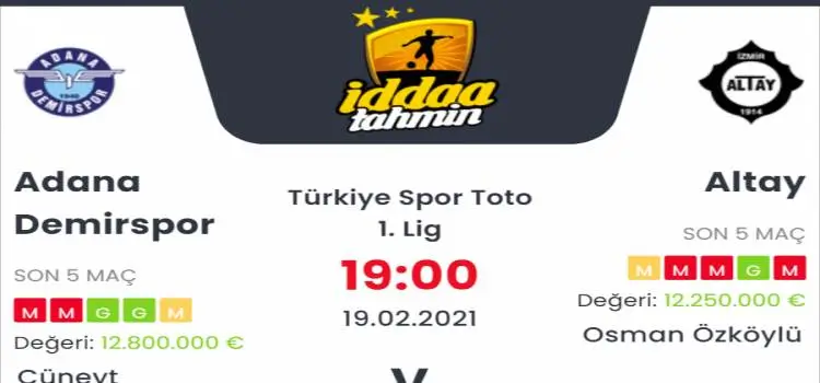 Adana Demirspor Altay Maç Tahmini ve İddaa Tahminleri : 19 Şubat 2021