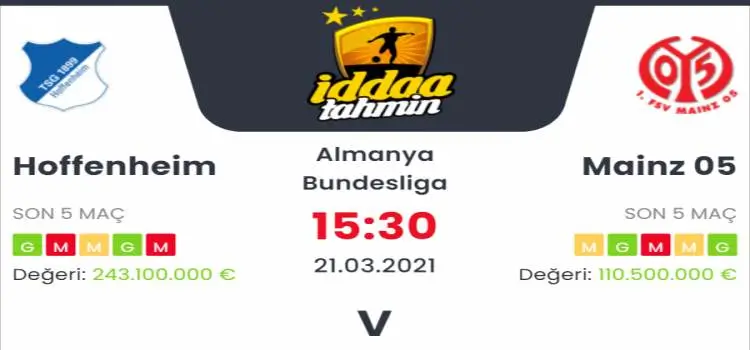 Hoffenheim Mainz Maç Tahmini ve İddaa Tahminleri : 21 Mart 2021