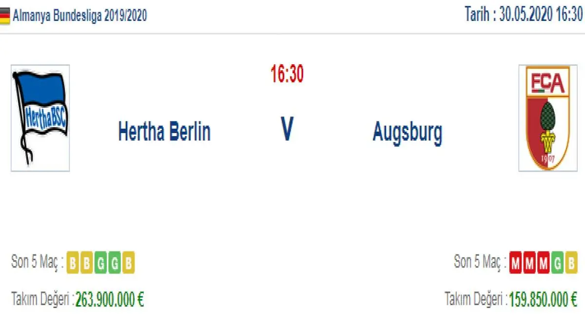 Hertha Berlin Augsburg İddaa ve Maç Tahmini 30 Mayıs 2020