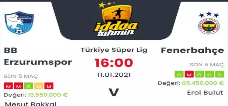 Erzurumspor Fenerbahçe Maç Tahmini ve İddaa Tahminleri : 11 Ocak 2021