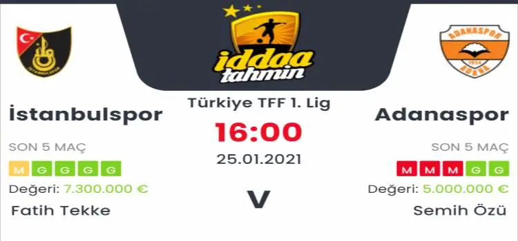 İstanbulspor Adanaspor Maç Tahmini ve İddaa Tahminleri : 25 Ocak 2021
