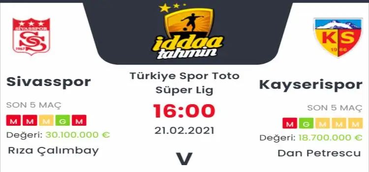 Sivasspor Kayserispor Maç Tahmini ve İddaa Tahminleri : 21 Şubat 2021