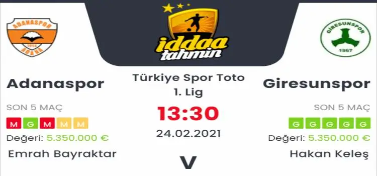 Adanaspor Giresunspor Maç Tahmini ve İddaa Tahminleri : 24 Şubat 2021
