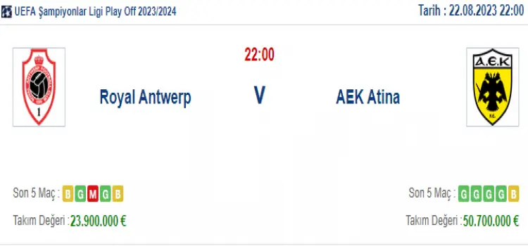 Royal Antwerp AEK Atina İddaa Maç Tahmini 22 Ağustos 2023