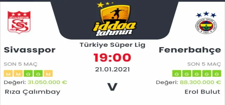 Sivasspor Fenerbahçe Maç Tahmini ve İddaa Tahminleri : 21 Ocak 2021