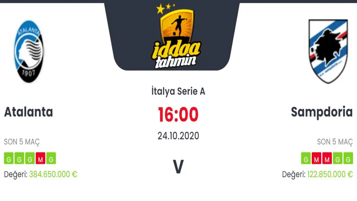 Atalanta Sampdoria İddaa ve Maç Tahmini 24 Ekim 2020