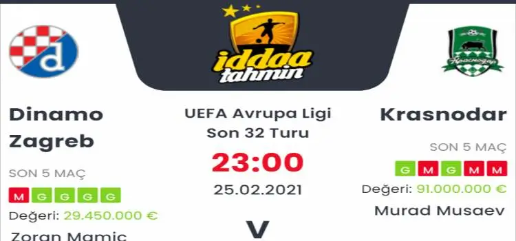 Dinamo Zagreb Krasnodar Maç Tahmini ve İddaa Tahminleri : 25 Şubat 2021