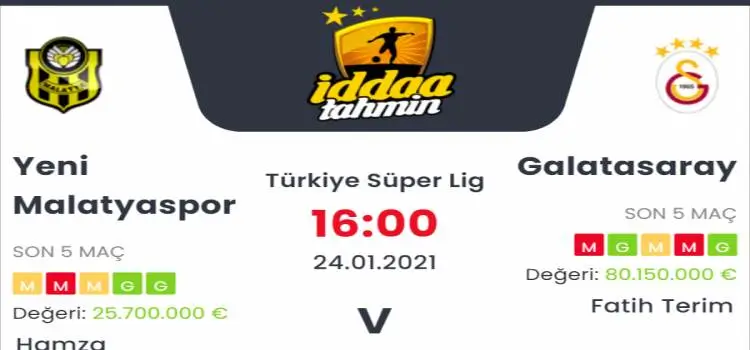 Yeni Malatyaspor Galatasaray Maç Tahmini ve İddaa Tahminleri : 24 Ocak 2021