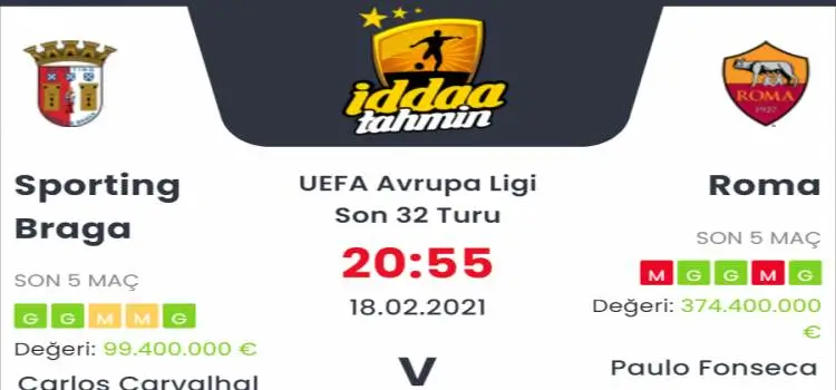 Sporting Braga Roma Maç Tahmini ve İddaa Tahminleri : 18 Şubat 2021