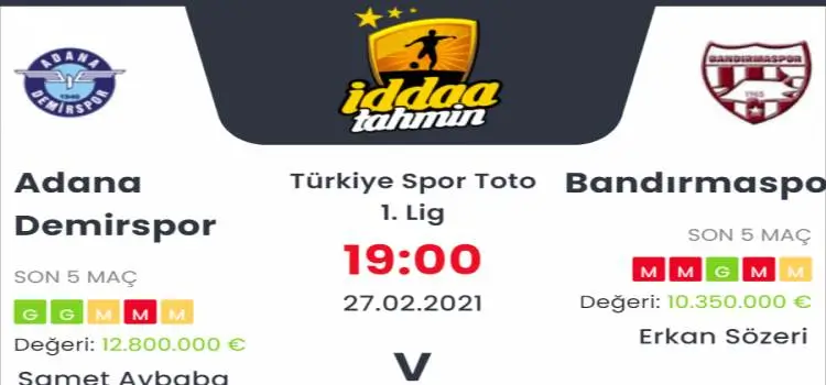 Adana Demirspor Bandırmaspor Maç Tahmini ve İddaa Tahminleri : 27 Şubat 2021