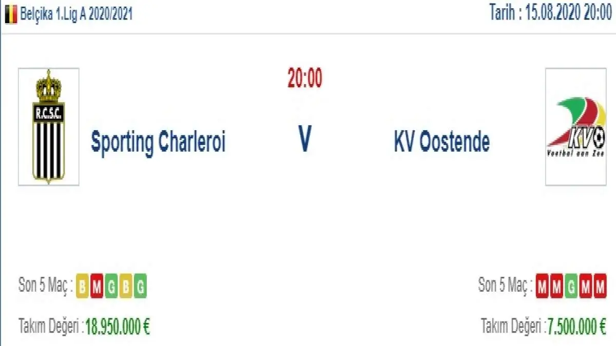 Sporting Charleroi Oostende İddaa ve Maç Tahmini 15 Ağustos 2020
